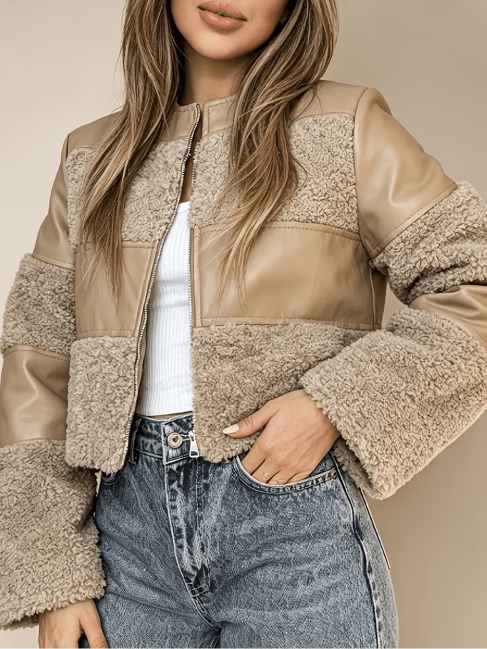 Women'S American Retro Street Patchwork Short Plush Jacket, Stand-Up Collar Full